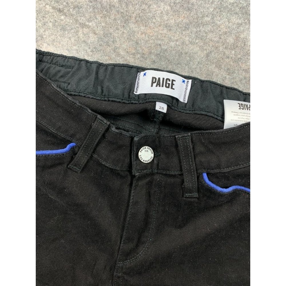 Womens 28 Paige Black Skinny Jeans Pants with Blue Piping Zip Button Pockets - Picture 6 of 12
